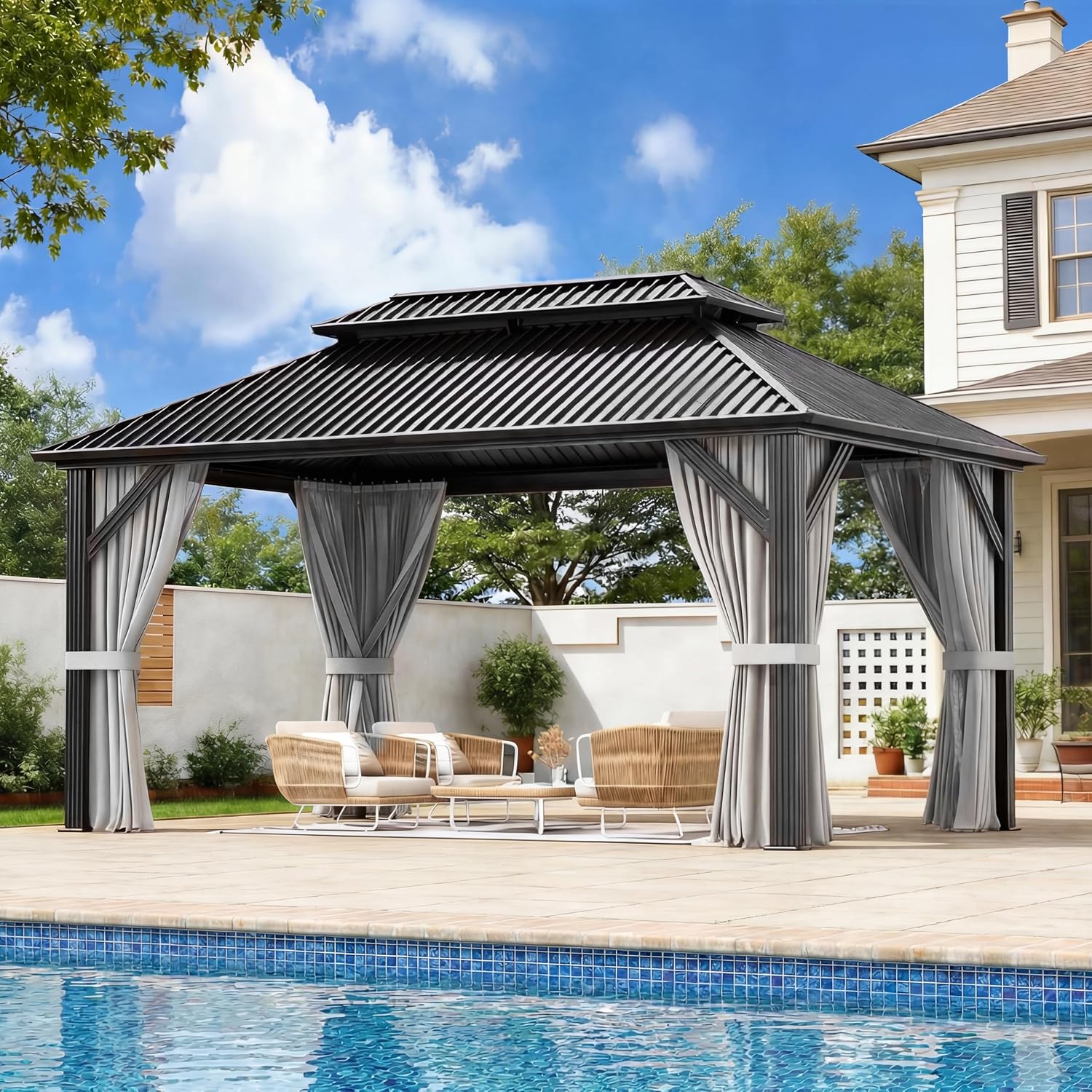 Aluminum Hardtop Gazebo Curtained