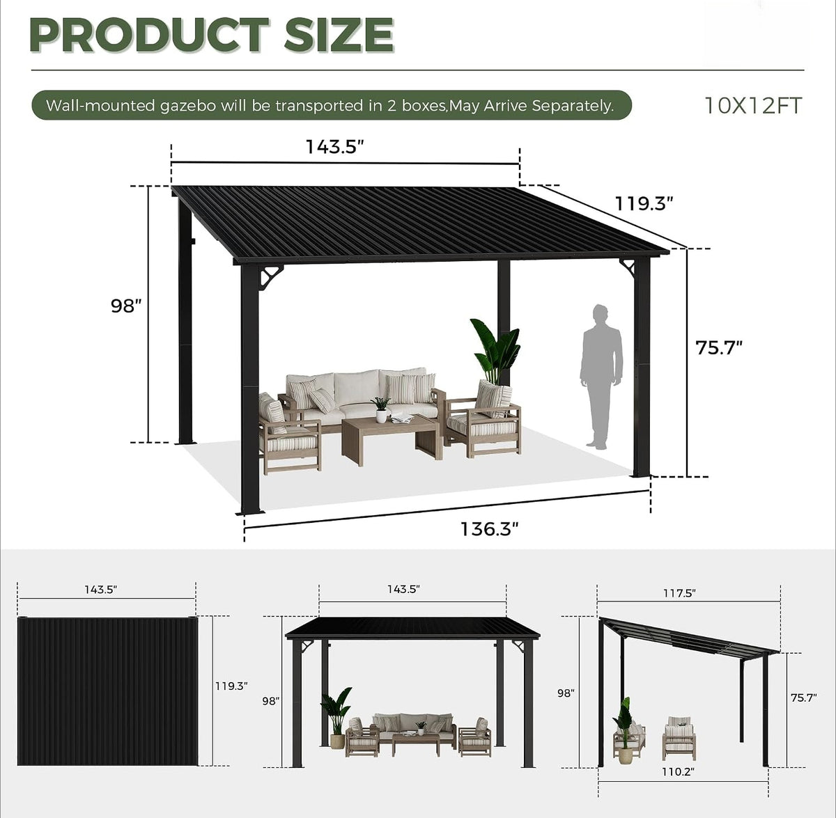 Black Metal Lean-To Patio Gazebo
